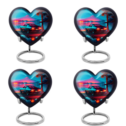 Twilight Blue Car Cremation Urn angled view of lid and engraved motif - compassionate heart-car combination with gentle curves - 10 inch aluminum urn for cremated remains