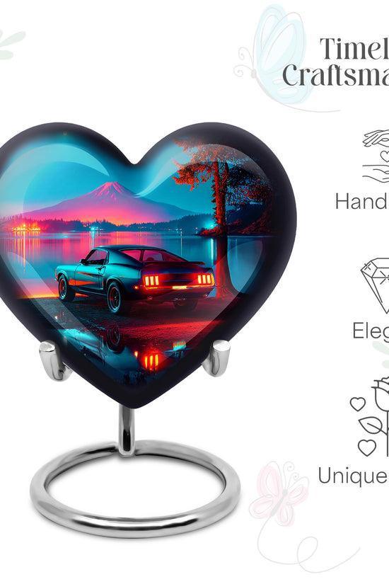 Twilight Blue Car Cremation Urn front view showing detailed design - romantic heart urn with car motif on aluminum - mini keepsake memorial for portion of cremation ashes