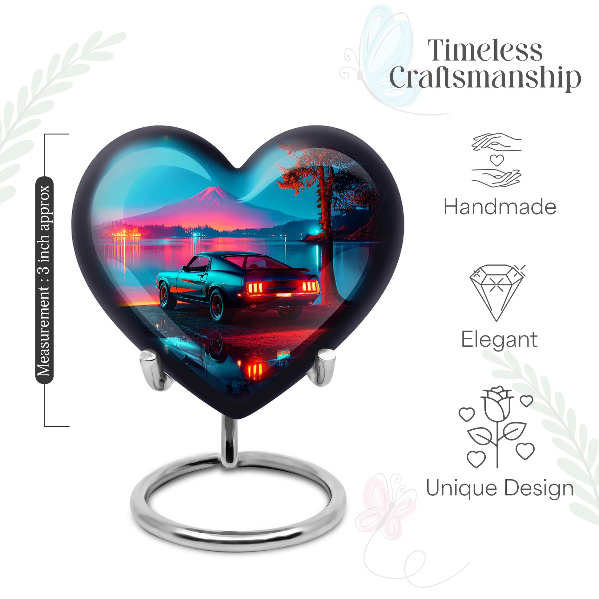 Twilight Blue Car Cremation Urn front view showing detailed design - romantic heart urn with car motif on aluminum - mini keepsake memorial for portion of cremation ashes