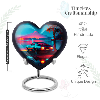 Twilight Blue Car Cremation Urn front view showing detailed design - romantic heart urn with car motif on aluminum - mini keepsake memorial for portion of cremation ashes