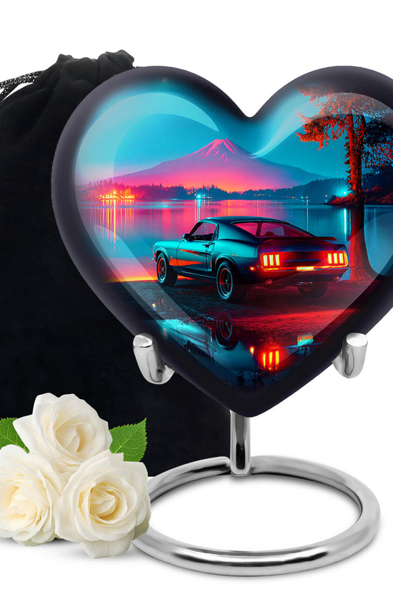 Azure Car Cremation Urn detail view - loving heart memorial featuring car pattern - full-size 10 inch 200 cubic inch adult cremation urn