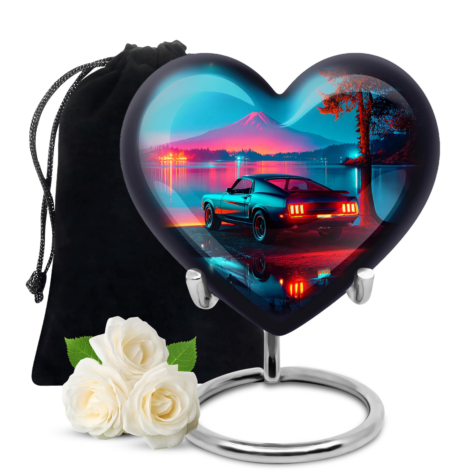 Azure Car Cremation Urn detail view - loving heart memorial featuring car pattern - full-size 10 inch 200 cubic inch adult cremation urn