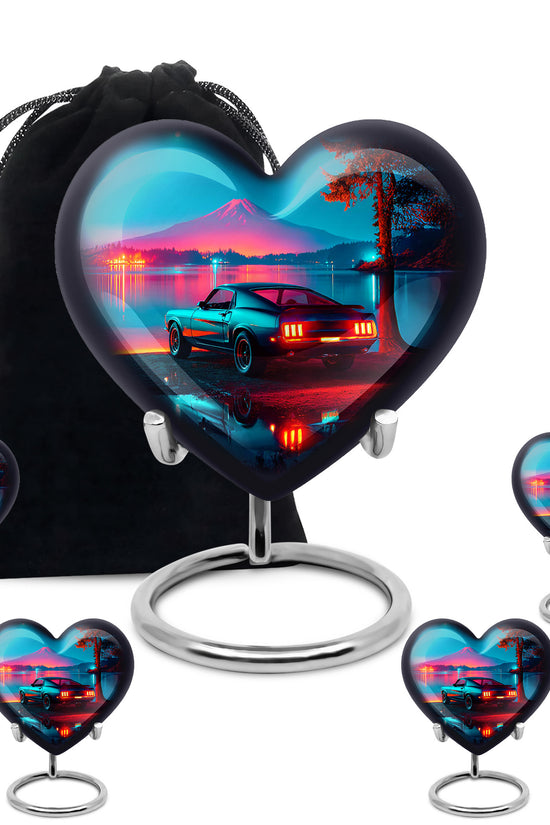 Soft Blue Car Cremation Urn close-up of engraving and surface detail - romantic heart urn with car motif on aluminum - memorial set with one large and four small urns