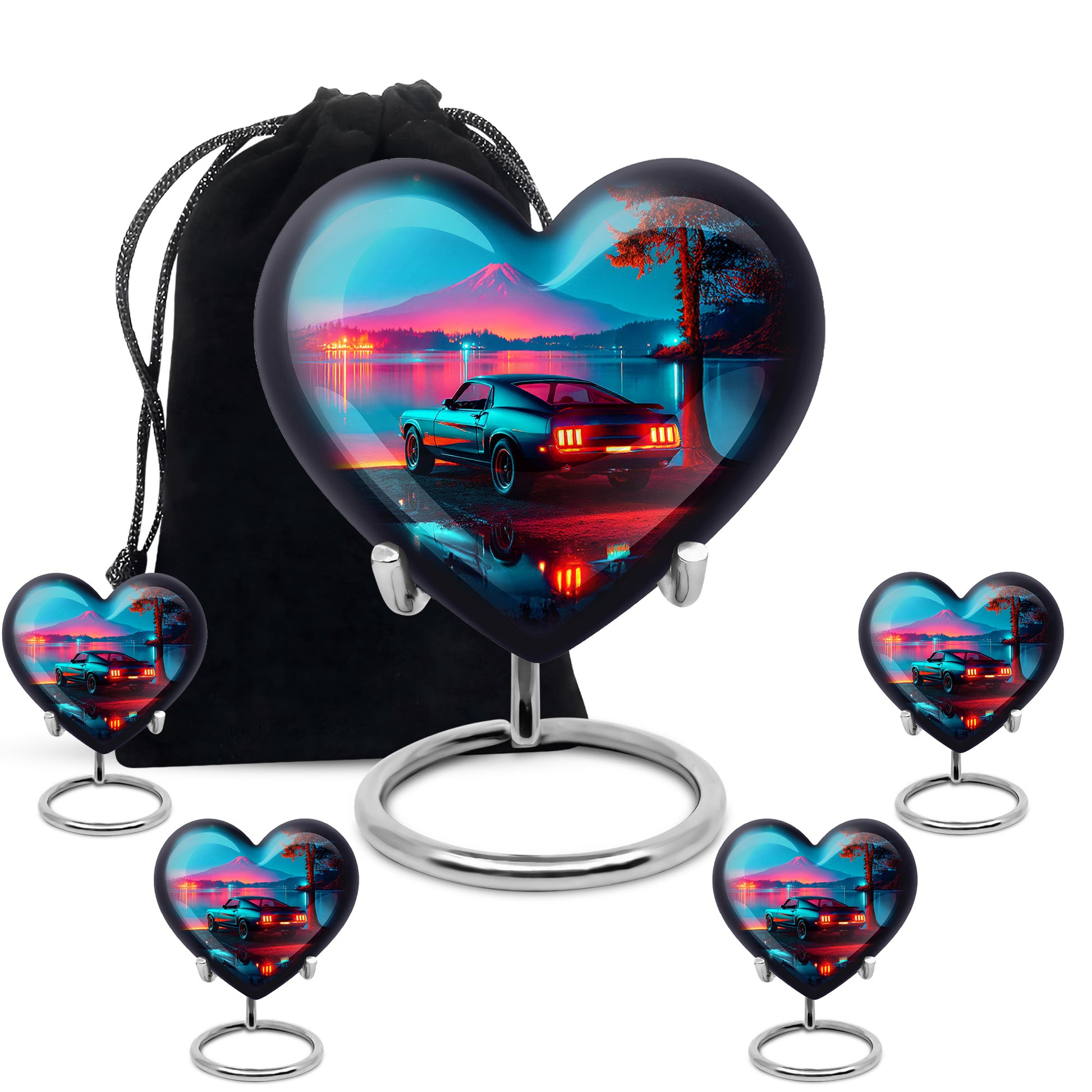 Soft Blue Car Cremation Urn close-up of engraving and surface detail - romantic heart urn with car motif on aluminum - memorial set with one large and four small urns
