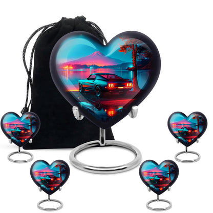 Soft Blue Car Cremation Urn close-up of engraving and surface detail - romantic heart urn with car motif on aluminum - memorial set with one large and four small urns