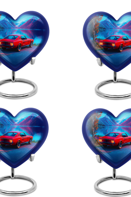Azure Car Cremation Urn angled view of lid and engraved motif - heart-shaped car design symbolizing eternal love - 10 inch aluminum urn for cremated remains
