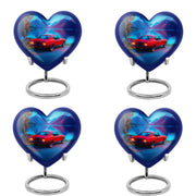Azure Car Cremation Urn angled view of lid and engraved motif - heart-shaped car design symbolizing eternal love - 10 inch aluminum urn for cremated remains