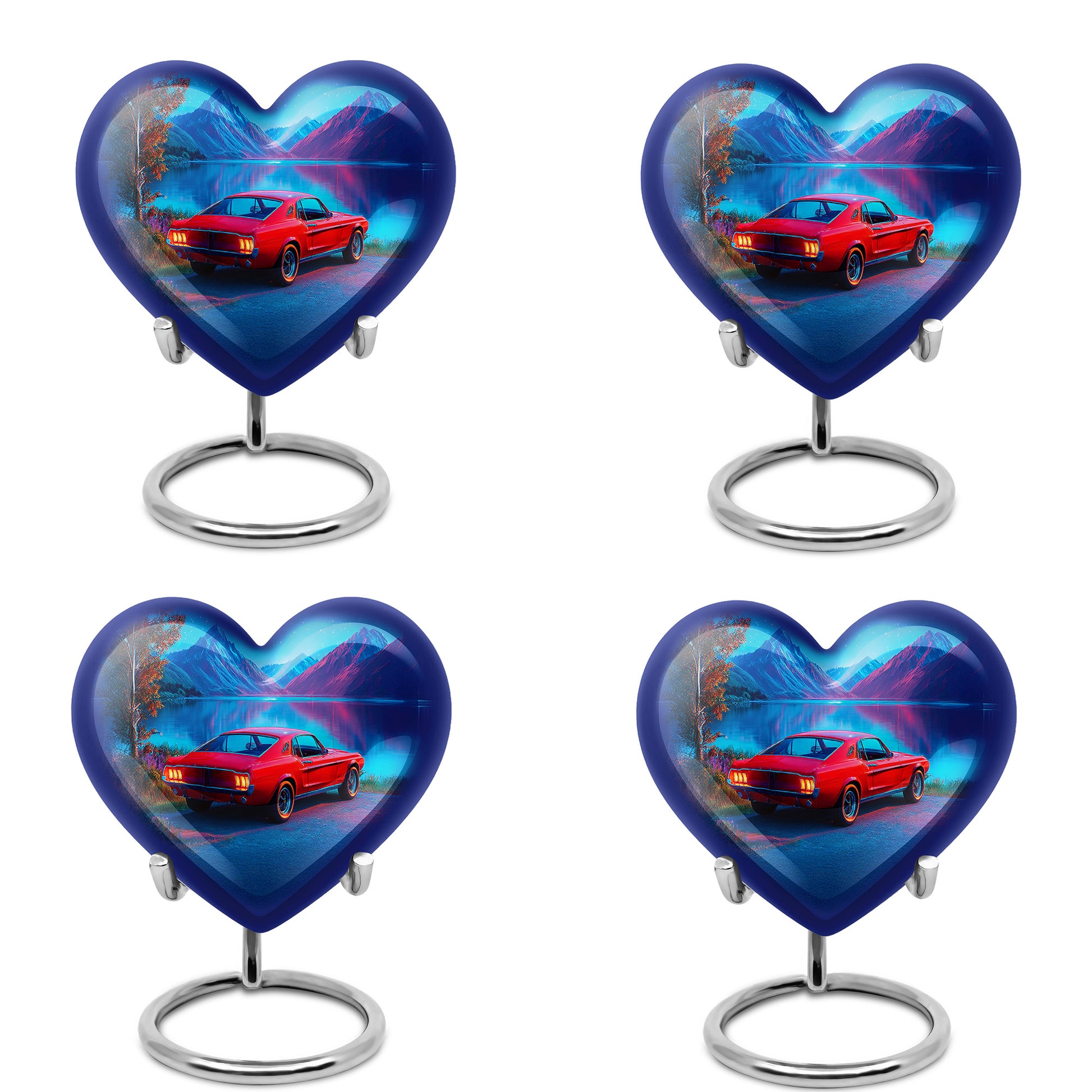 Azure Car Cremation Urn angled view of lid and engraved motif - heart-shaped car design symbolizing eternal love - 10 inch aluminum urn for cremated remains