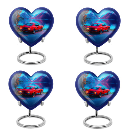 Azure Car Cremation Urn angled view of lid and engraved motif - heart-shaped car design symbolizing eternal love - 10 inch aluminum urn for cremated remains