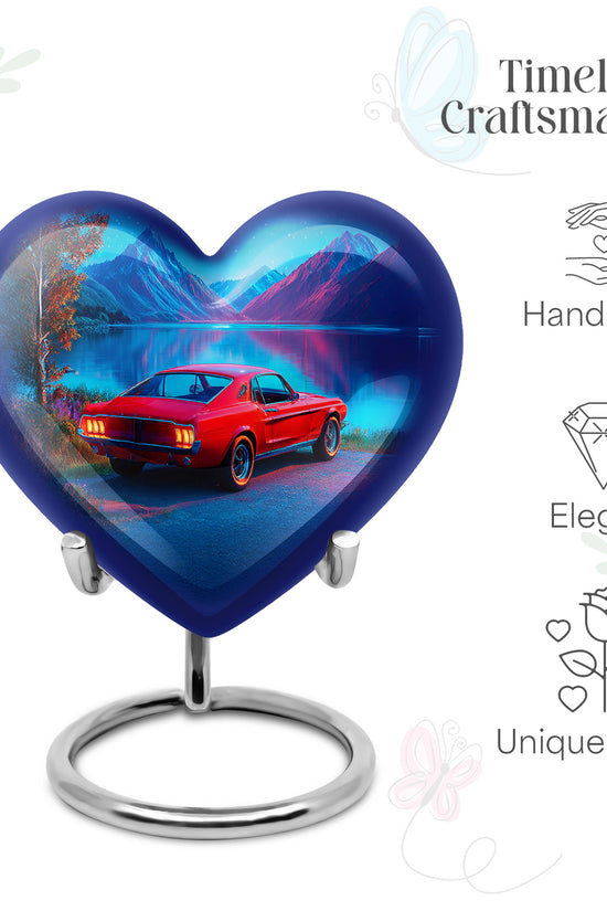 Powder Blue Car Cremation Urn front view showing detailed design - heart-shaped car design symbolizing eternal love - mini keepsake memorial for portion of cremation ashes