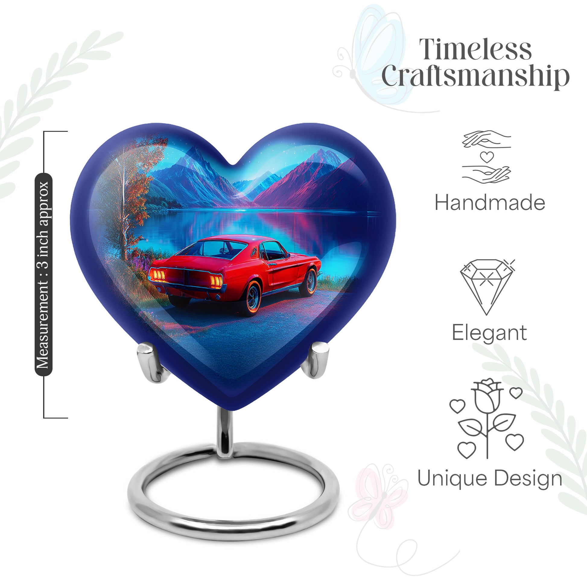 Powder Blue Car Cremation Urn front view showing detailed design - heart-shaped car design symbolizing eternal love - mini keepsake memorial for portion of cremation ashes