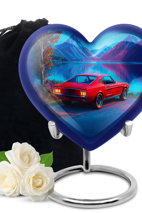 Icy Blue Car Cremation Urn detail view - heart-shaped car design symbolizing eternal love - full-size 10 inch 200 cubic inch adult cremation urn