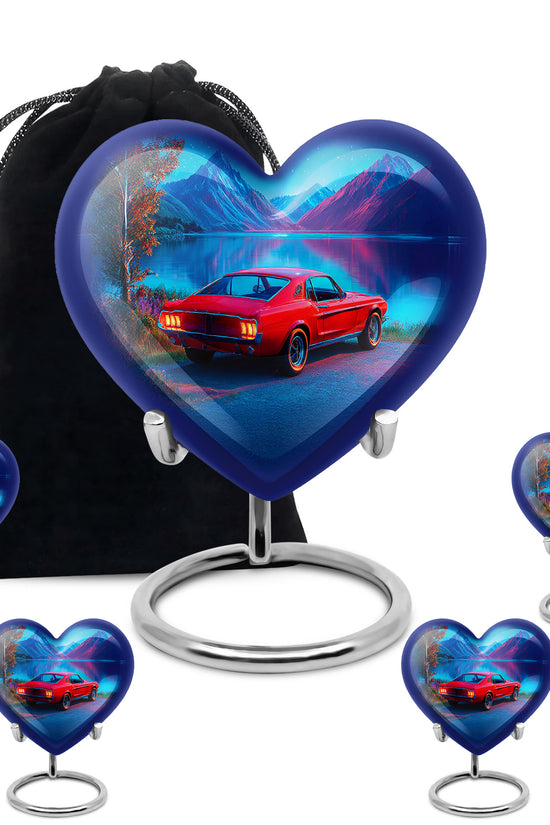 Cornflower Blue Car Cremation Urn close-up of engraving and surface detail - compassionate heart-car combination with gentle curves - memorial set with one large and four small urns
