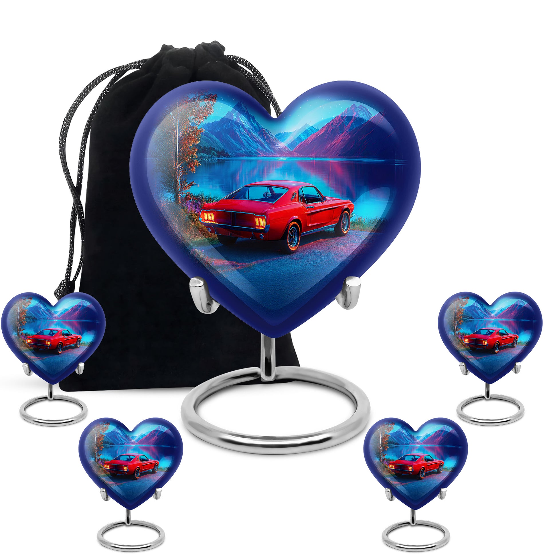 Cornflower Blue Car Cremation Urn close-up of engraving and surface detail - compassionate heart-car combination with gentle curves - memorial set with one large and four small urns