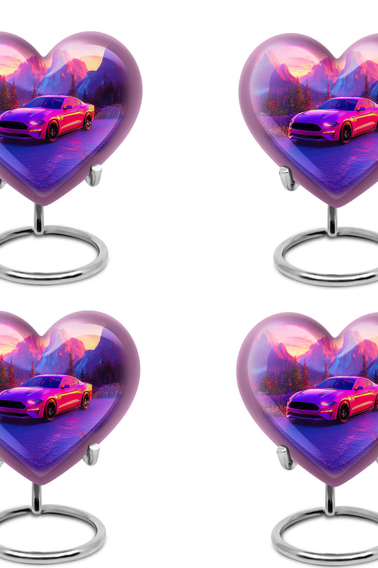 Salmon Pink Car Cremation Urn angled view of lid and engraved motif - romantic heart urn with car motif on aluminum - 10 inch aluminum urn for cremated remains