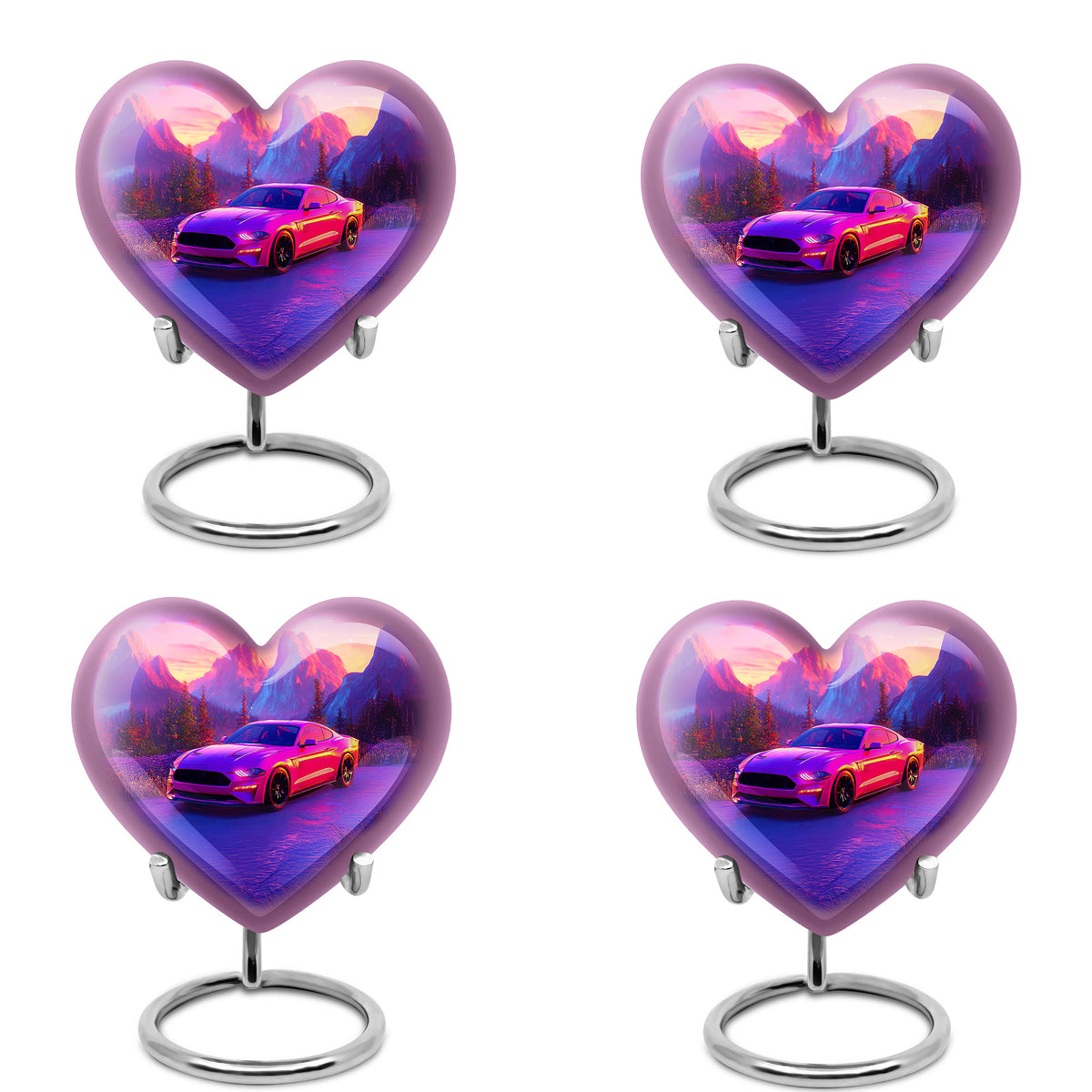 Salmon Pink Car Cremation Urn angled view of lid and engraved motif - romantic heart urn with car motif on aluminum - 10 inch aluminum urn for cremated remains