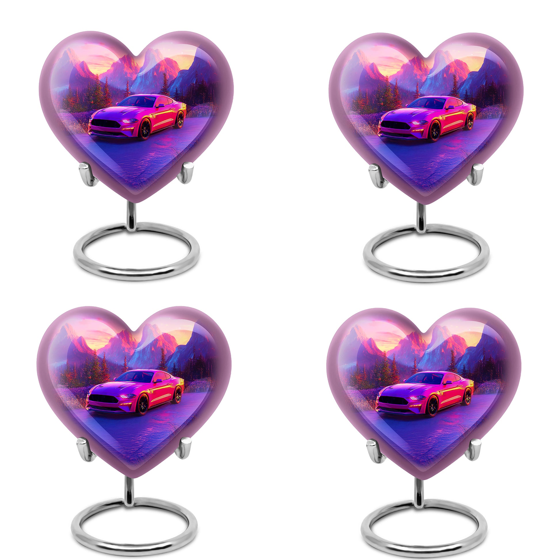 Salmon Pink Car Cremation Urn angled view of lid and engraved motif - romantic heart urn with car motif on aluminum - 10 inch aluminum urn for cremated remains