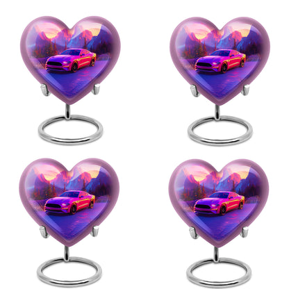 Salmon Pink Car Cremation Urn angled view of lid and engraved motif - romantic heart urn with car motif on aluminum - 10 inch aluminum urn for cremated remains
