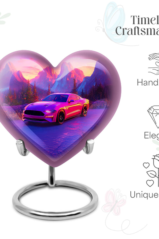 Petal Pink Car Cremation Urn front view showing detailed design - compassionate heart-car combination with gentle curves - mini keepsake memorial for portion of cremation ashes