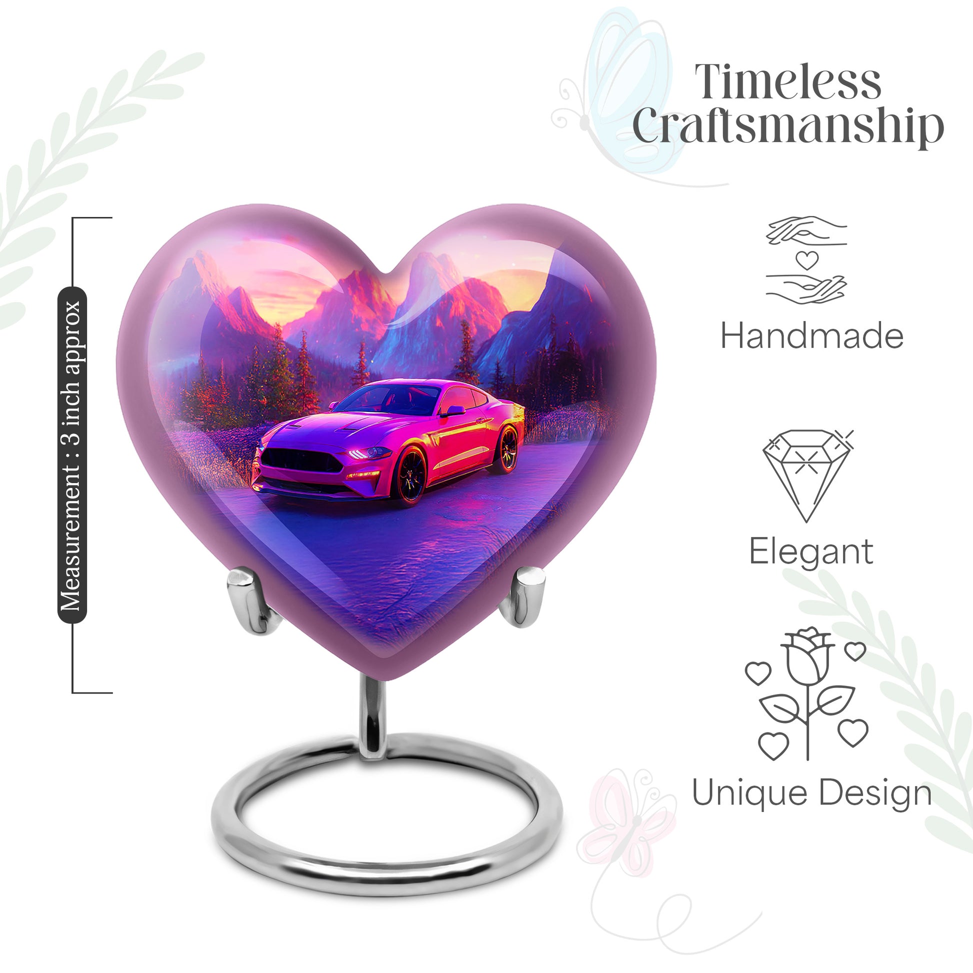 Petal Pink Car Cremation Urn front view showing detailed design - compassionate heart-car combination with gentle curves - mini keepsake memorial for portion of cremation ashes