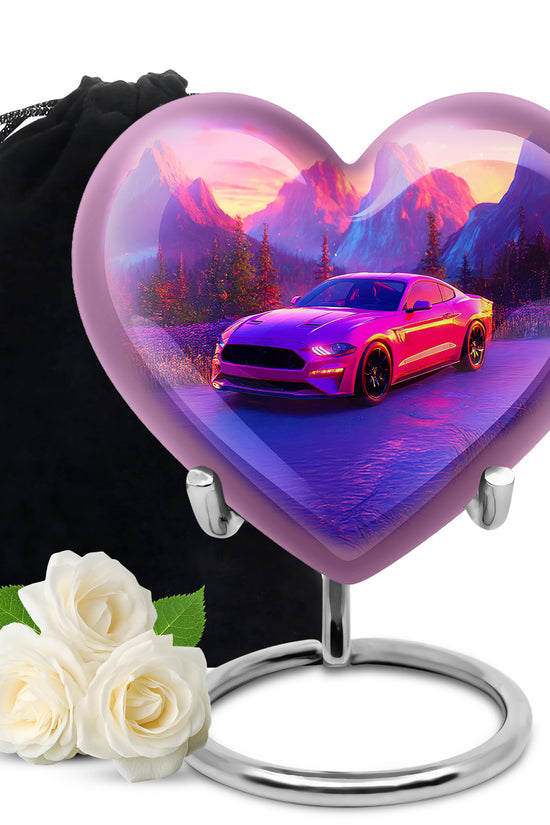 Peony Pink Car Cremation Urn detail view - loving heart memorial featuring car pattern - full-size 10 inch 200 cubic inch adult cremation urn