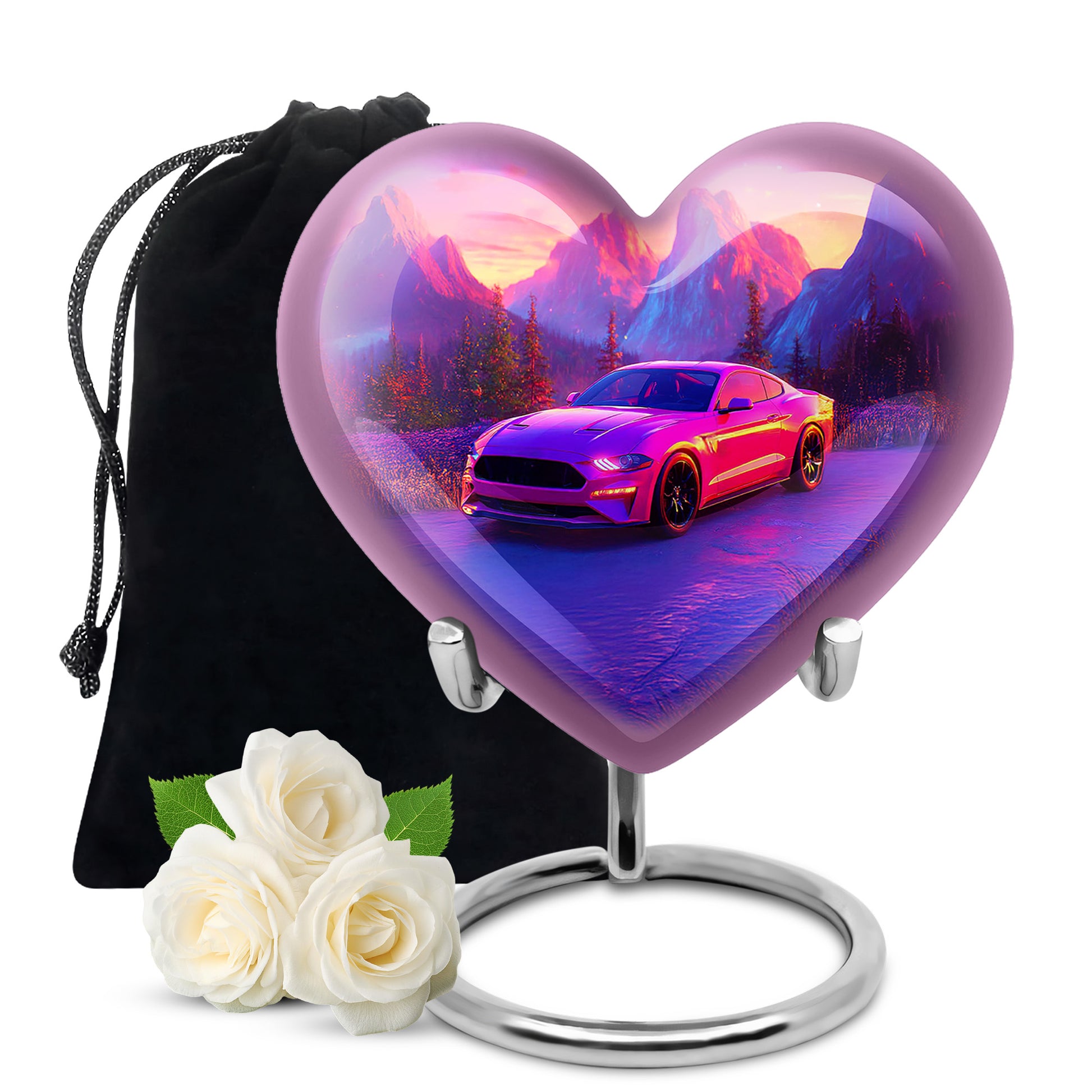 Peony Pink Car Cremation Urn detail view - loving heart memorial featuring car pattern - full-size 10 inch 200 cubic inch adult cremation urn