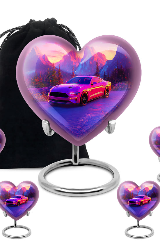 Pastel Pink Car Cremation Urn close-up of engraving and surface detail - heart-shaped car design symbolizing eternal love - memorial set with one large and four small urns