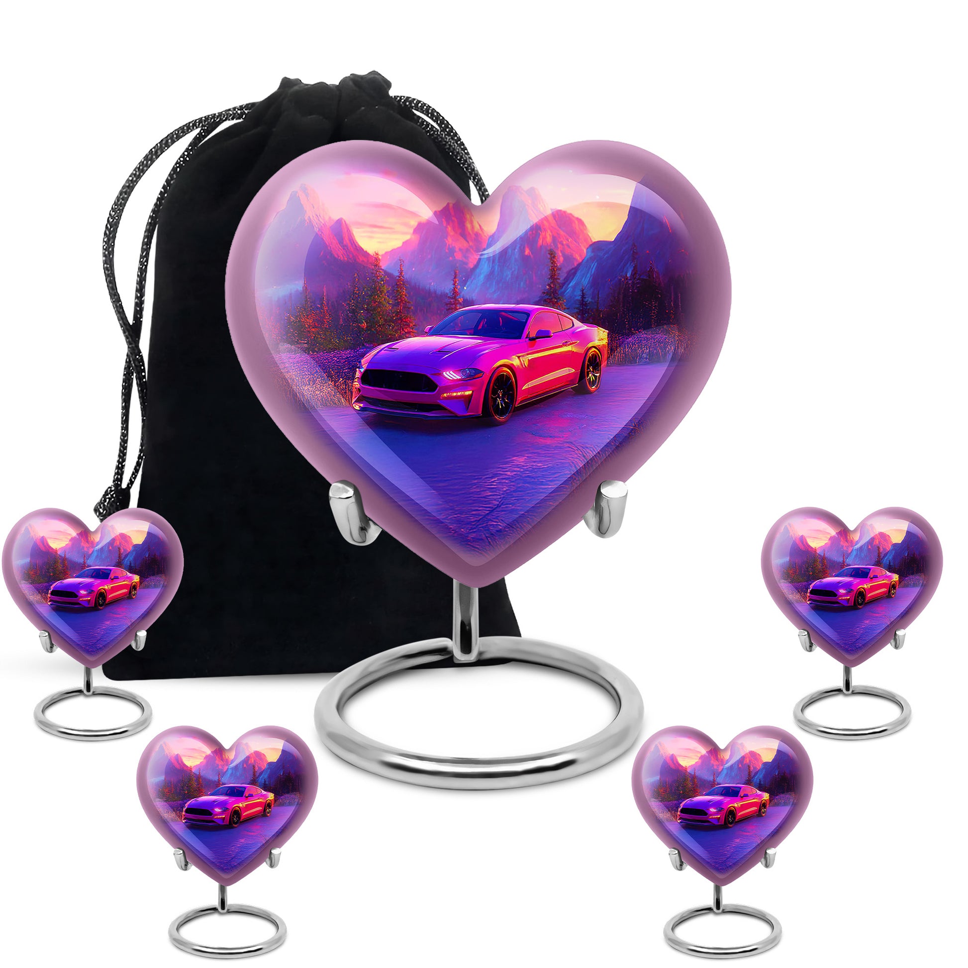 Pastel Pink Car Cremation Urn close-up of engraving and surface detail - heart-shaped car design symbolizing eternal love - memorial set with one large and four small urns