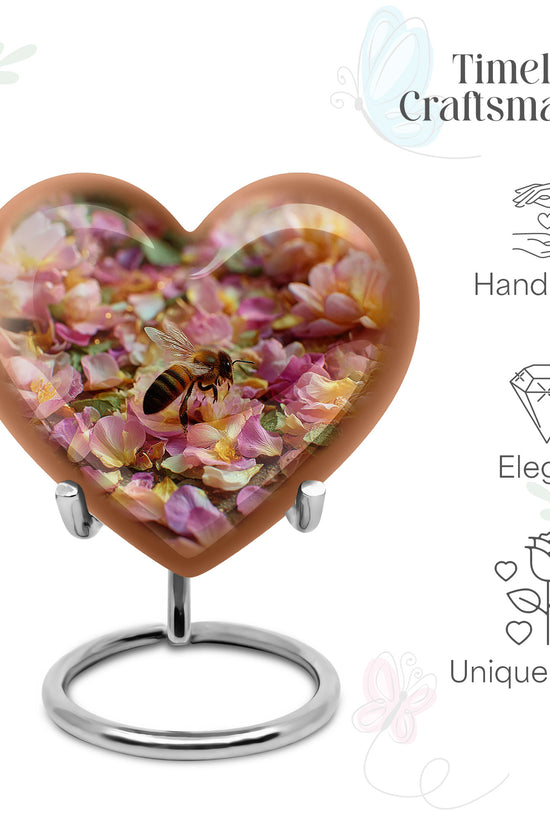 Antique Gold Bee Cremation Urn front view showing detailed design - heart-shaped bee design symbolizing eternal love - mini keepsake memorial for portion of cremation ashes