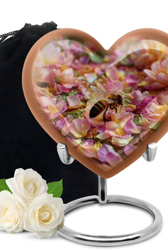 Royal Gold Bee Cremation Urn detail view - romantic heart urn with bee motif on aluminum - full-size 10 inch 200 cubic inch adult cremation urn