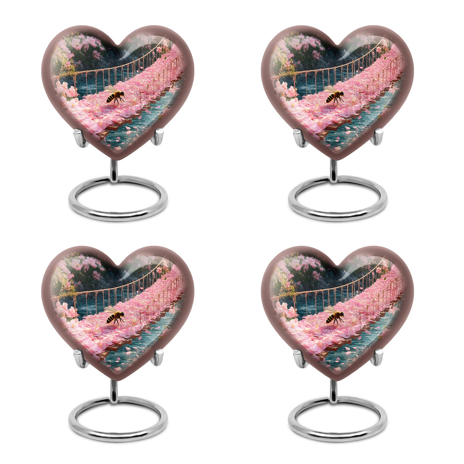 Gilded Gold Bee Cremation Urn angled view of lid and engraved motif - loving heart memorial featuring bee pattern - 10 inch aluminum urn for cremated remains