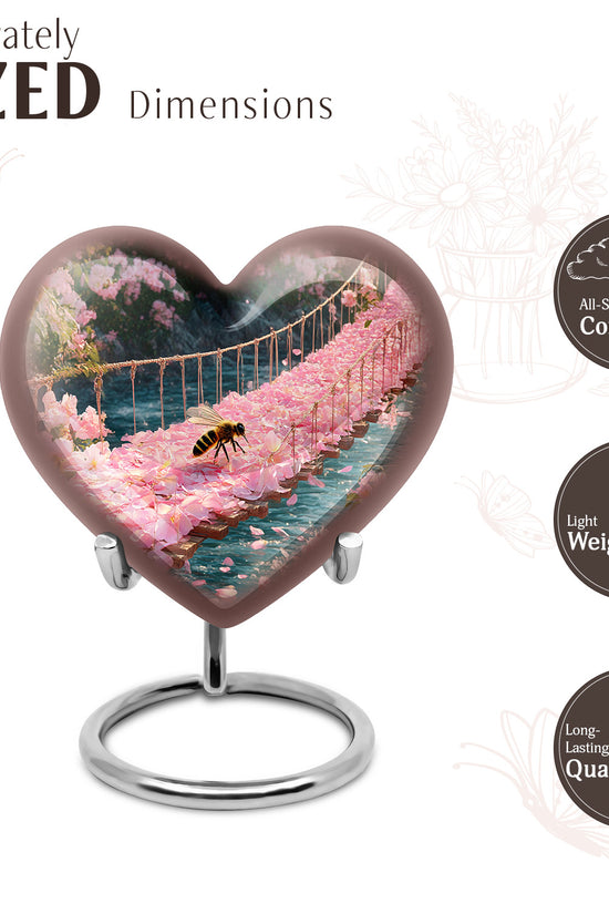 Champagne Gold Bee Cremation Urn front view showing detailed design - heart-shaped bee design symbolizing eternal love - mini keepsake memorial for portion of cremation ashes
