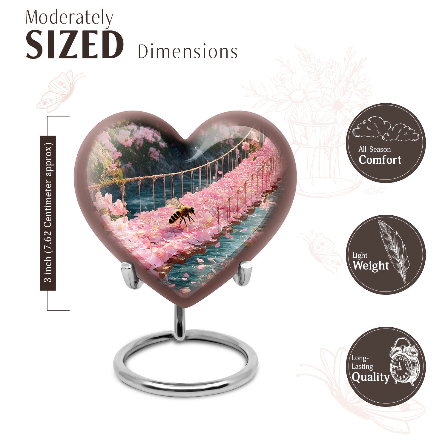 Champagne Gold Bee Cremation Urn front view showing detailed design - heart-shaped bee design symbolizing eternal love - mini keepsake memorial for portion of cremation ashes