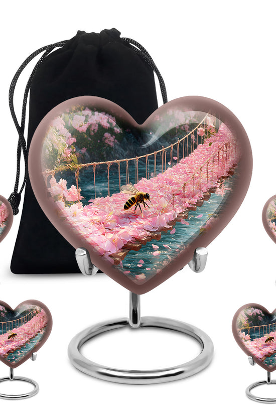 Champagne Gold Bee Cremation Urn close-up of engraving and surface detail - loving heart memorial featuring bee pattern - memorial set with one large and four small urns
