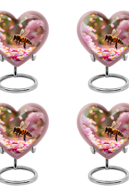 Burnished Gold Bee Cremation Urn angled view of lid and engraved motif - romantic heart urn with bee motif on aluminum - 10 inch aluminum urn for cremated remains