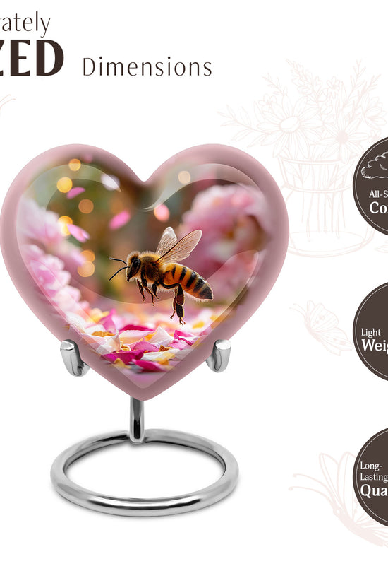 Burnished Gold Bee Cremation Urn front view showing detailed design - compassionate heart-bee combination with gentle curves - mini keepsake memorial for portion of cremation ashes