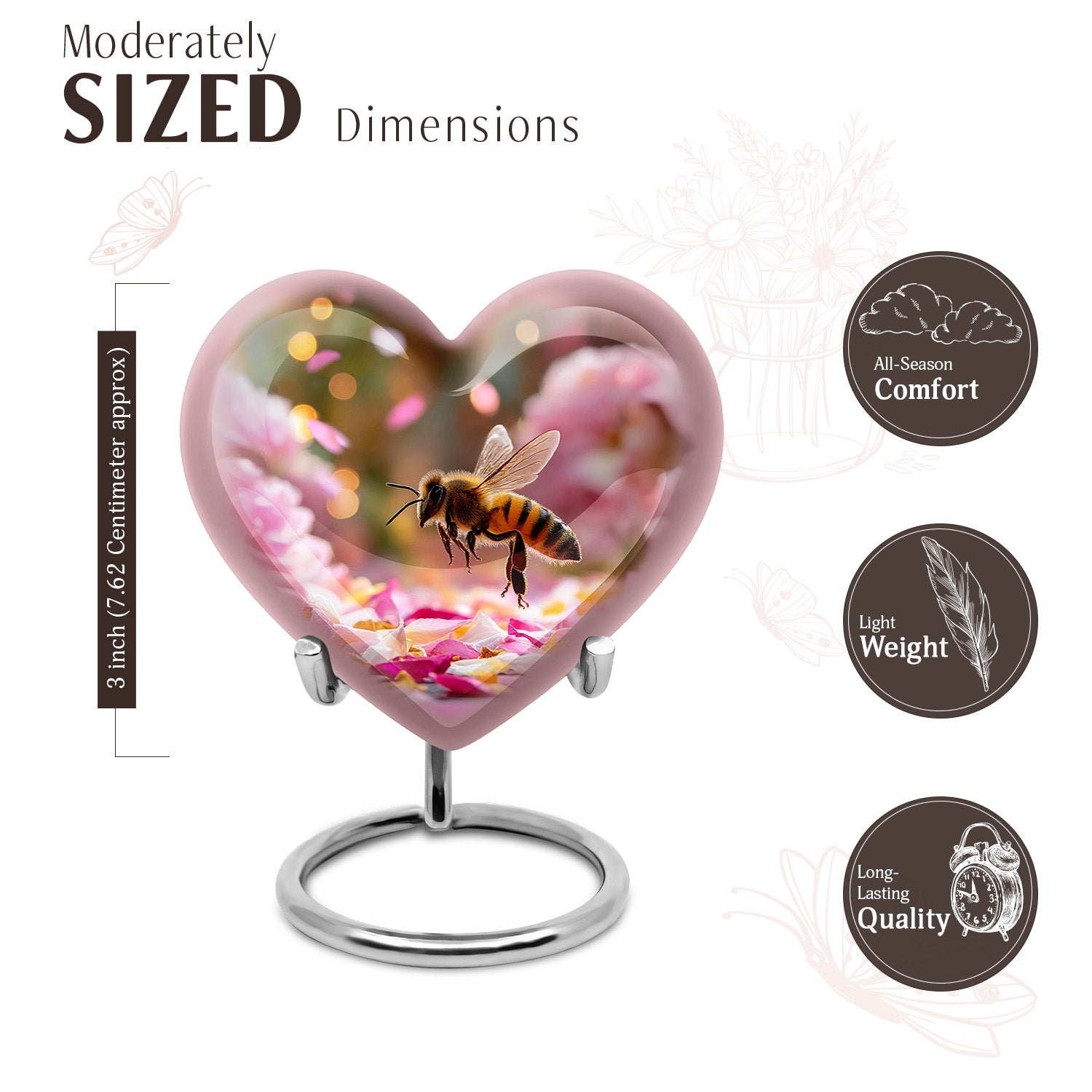 Burnished Gold Bee Cremation Urn front view showing detailed design - compassionate heart-bee combination with gentle curves - mini keepsake memorial for portion of cremation ashes