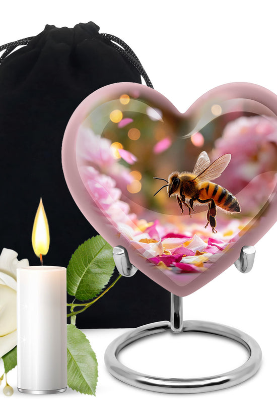 Sunrise Gold Bee Cremation Urn detail view - loving heart memorial featuring bee pattern - full-size 10 inch 200 cubic inch adult cremation urn