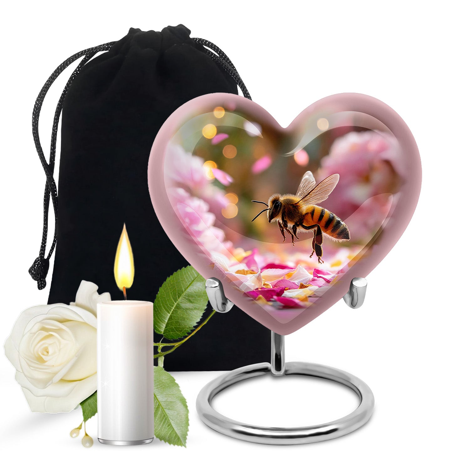 Sunrise Gold Bee Cremation Urn detail view - loving heart memorial featuring bee pattern - full-size 10 inch 200 cubic inch adult cremation urn