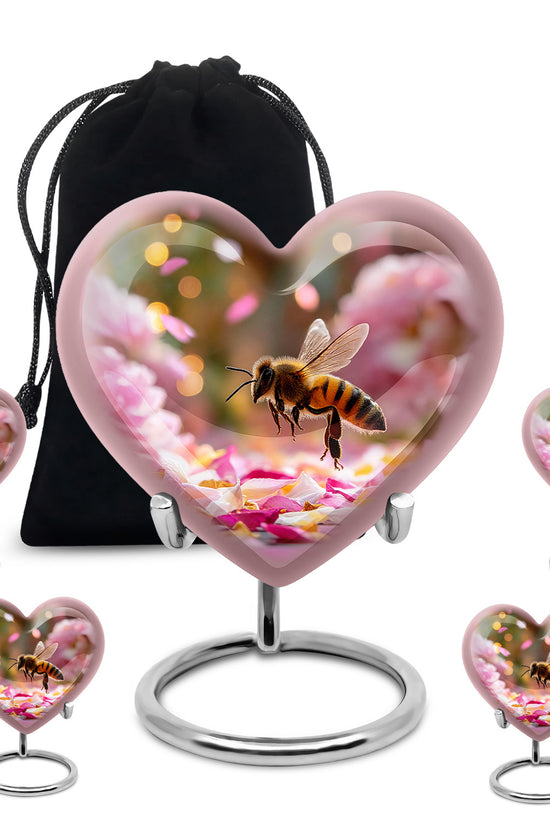 Champagne Gold Bee Cremation Urn close-up of engraving and surface detail - loving heart memorial featuring bee pattern - memorial set with one large and four small urns
