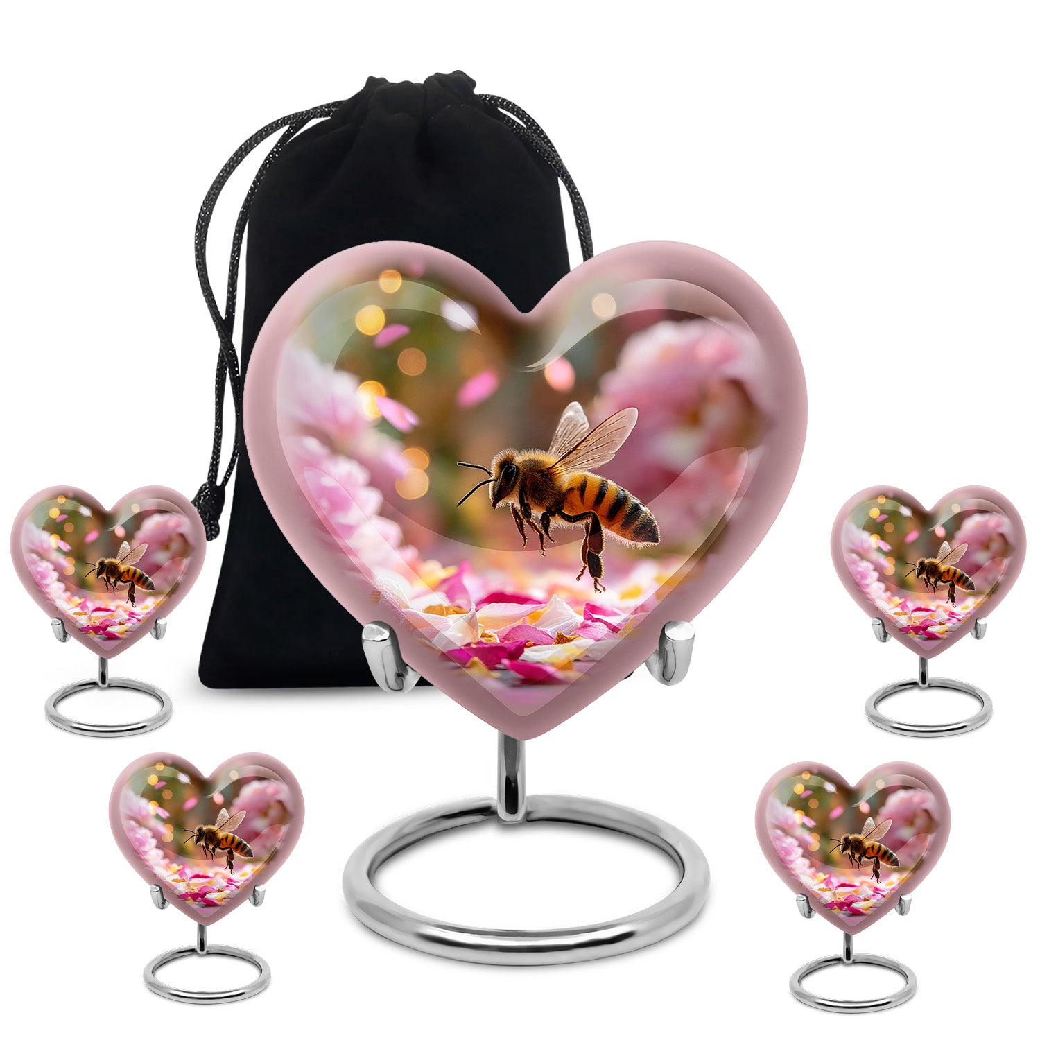 Champagne Gold Bee Cremation Urn close-up of engraving and surface detail - loving heart memorial featuring bee pattern - memorial set with one large and four small urns