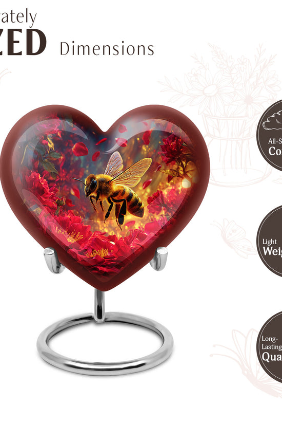 Blush Pink Bee Cremation Urn front view showing detailed design - heart-shaped bee design symbolizing eternal love - mini keepsake memorial for portion of cremation ashes