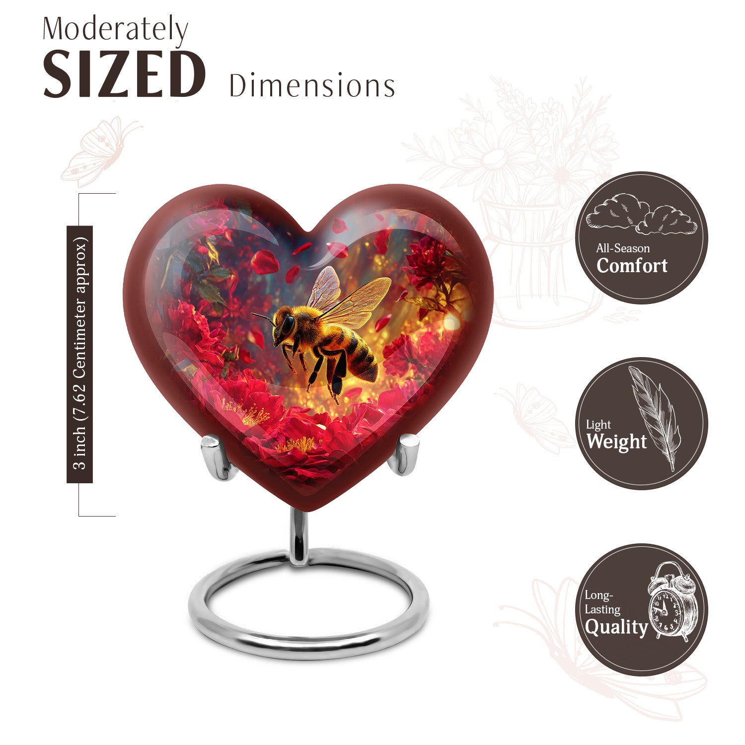 Blush Pink Bee Cremation Urn front view showing detailed design - heart-shaped bee design symbolizing eternal love - mini keepsake memorial for portion of cremation ashes