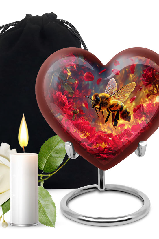 Petal Pink Bee Cremation Urn detail view - romantic heart urn with bee motif on aluminum - full-size 10 inch 200 cubic inch adult cremation urn