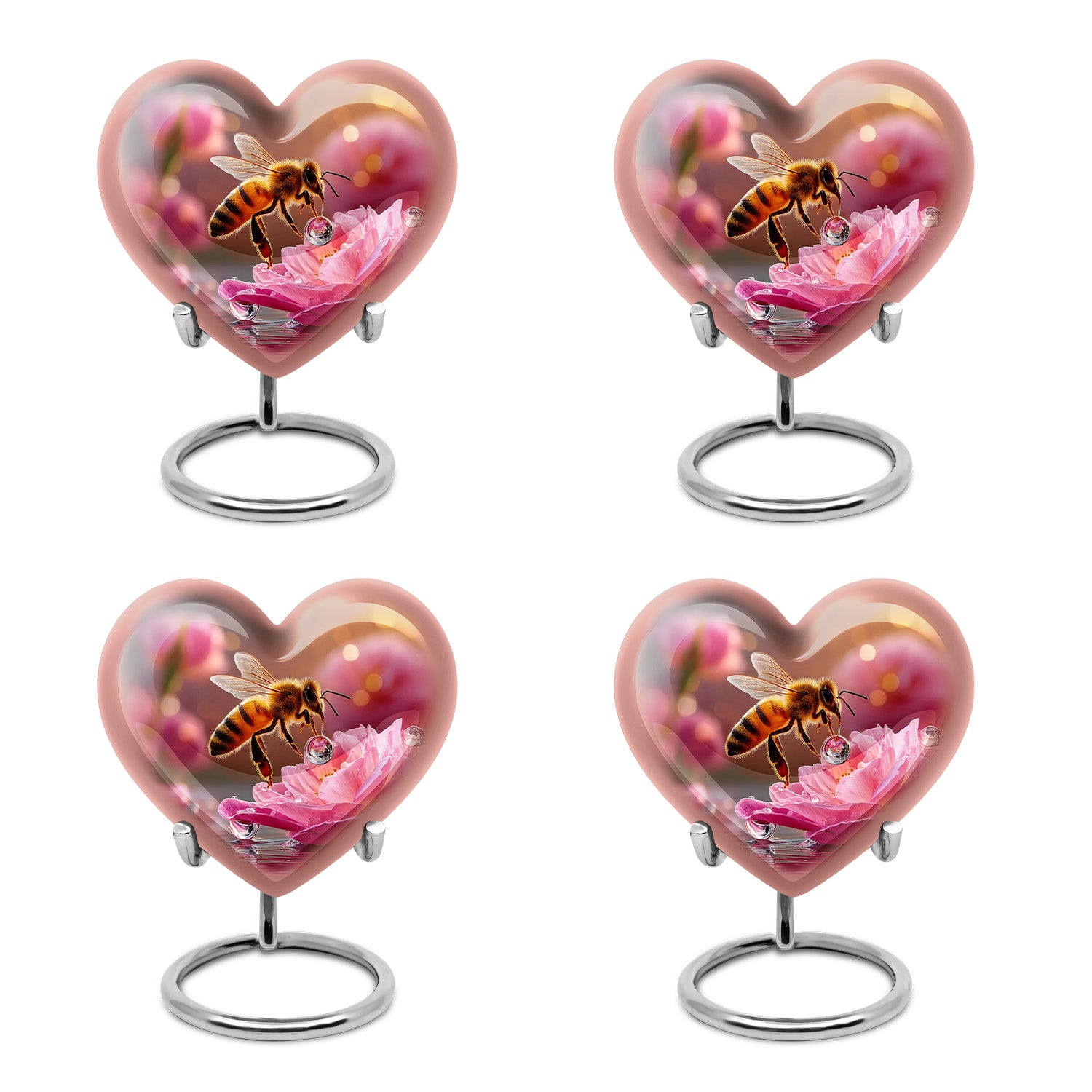 Royal Gold Bee Cremation Urn angled view of lid and engraved motif - compassionate heart-bee combination with gentle curves - 10 inch aluminum urn for cremated remains
