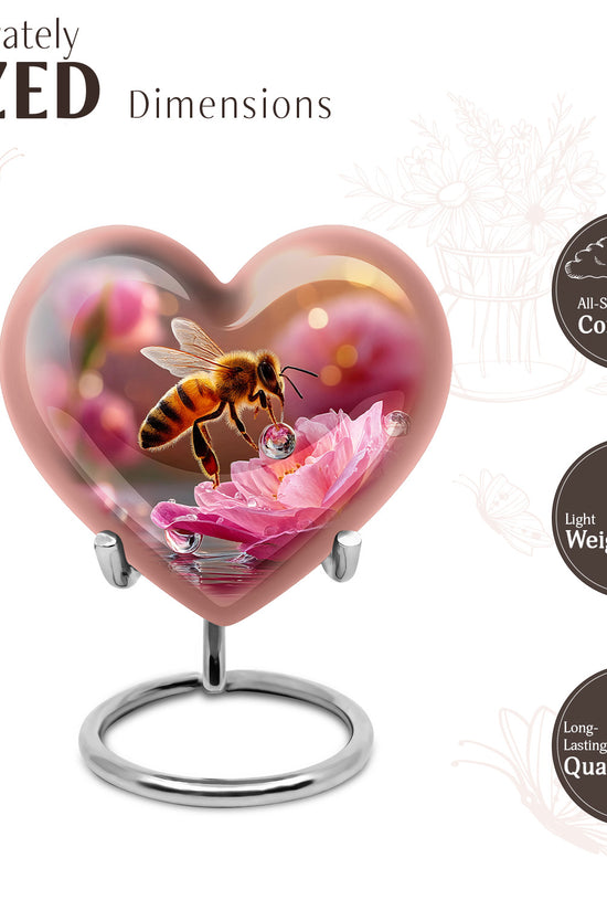 Antique Gold Bee Cremation Urn front view showing detailed design - heart-shaped bee design symbolizing eternal love - mini keepsake memorial for portion of cremation ashes