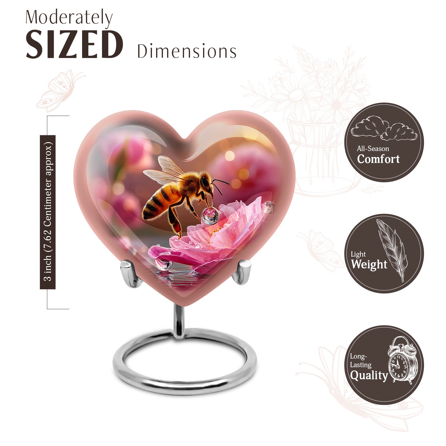 Antique Gold Bee Cremation Urn front view showing detailed design - heart-shaped bee design symbolizing eternal love - mini keepsake memorial for portion of cremation ashes