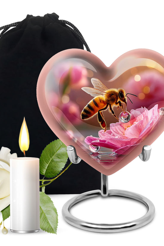 Gilded Gold Bee Cremation Urn detail view - heart-shaped bee design symbolizing eternal love - full-size 10 inch 200 cubic inch adult cremation urn
