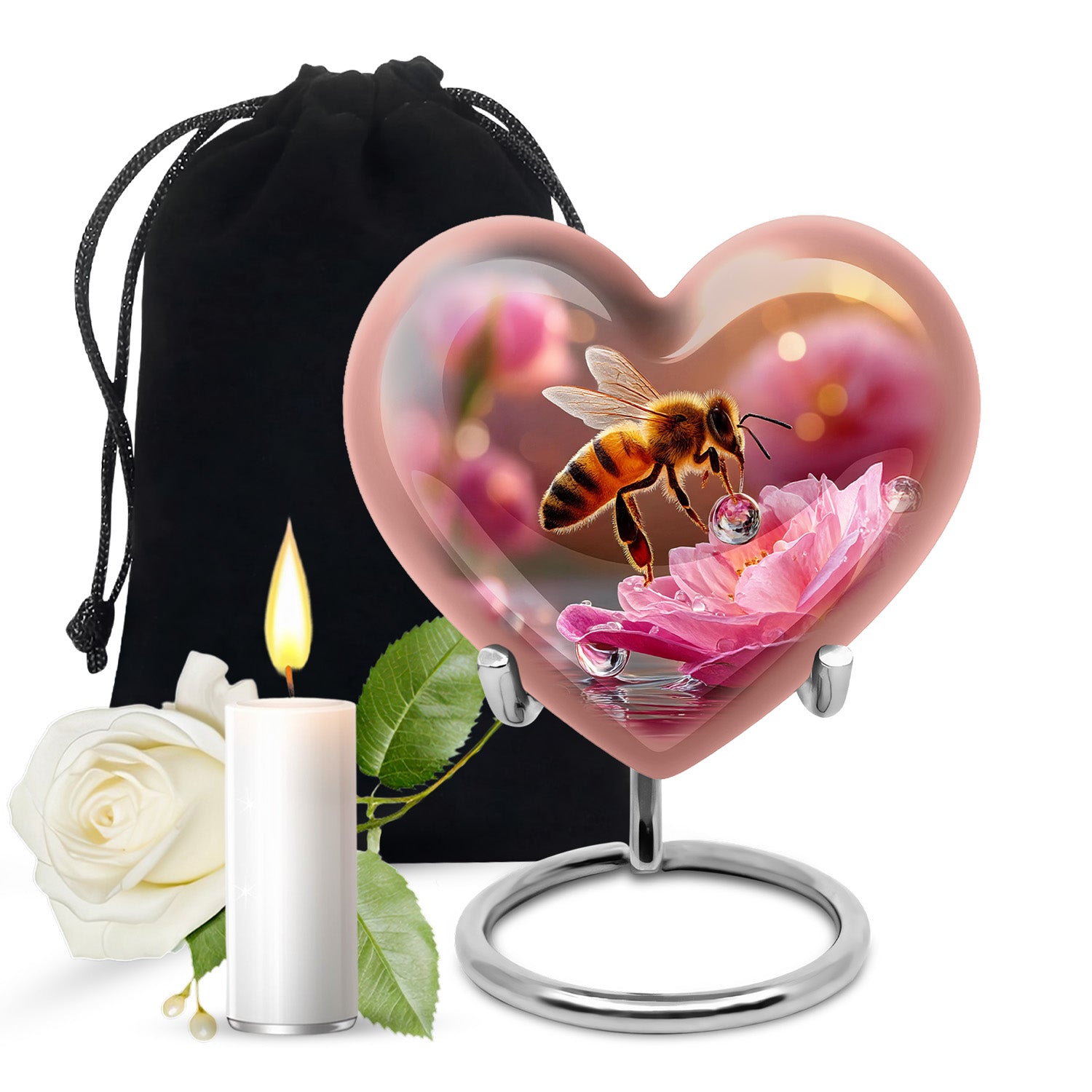 Gilded Gold Bee Cremation Urn detail view - heart-shaped bee design symbolizing eternal love - full-size 10 inch 200 cubic inch adult cremation urn