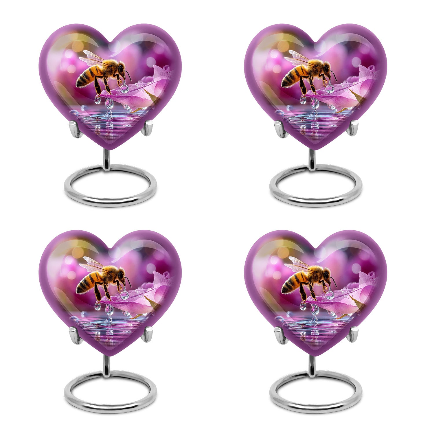 Scarlet Red Bee Cremation Urn angled view of lid and engraved motif - compassionate heart-bee combination with gentle curves - 10 inch aluminum urn for cremated remains